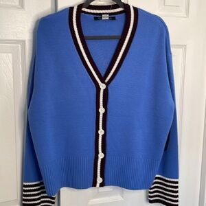 FRENCH CONNECTION VARSITY STYLE VNECK LONG SLEEVE RIB BOTTOM SWEATER BLUE SIZE L